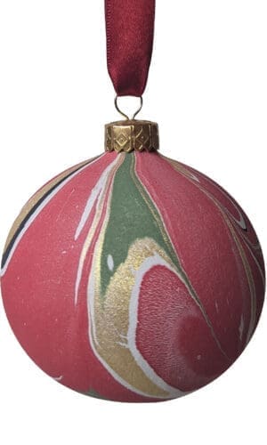 Hand marbled ceramic Christmas bauble in red, green and gold