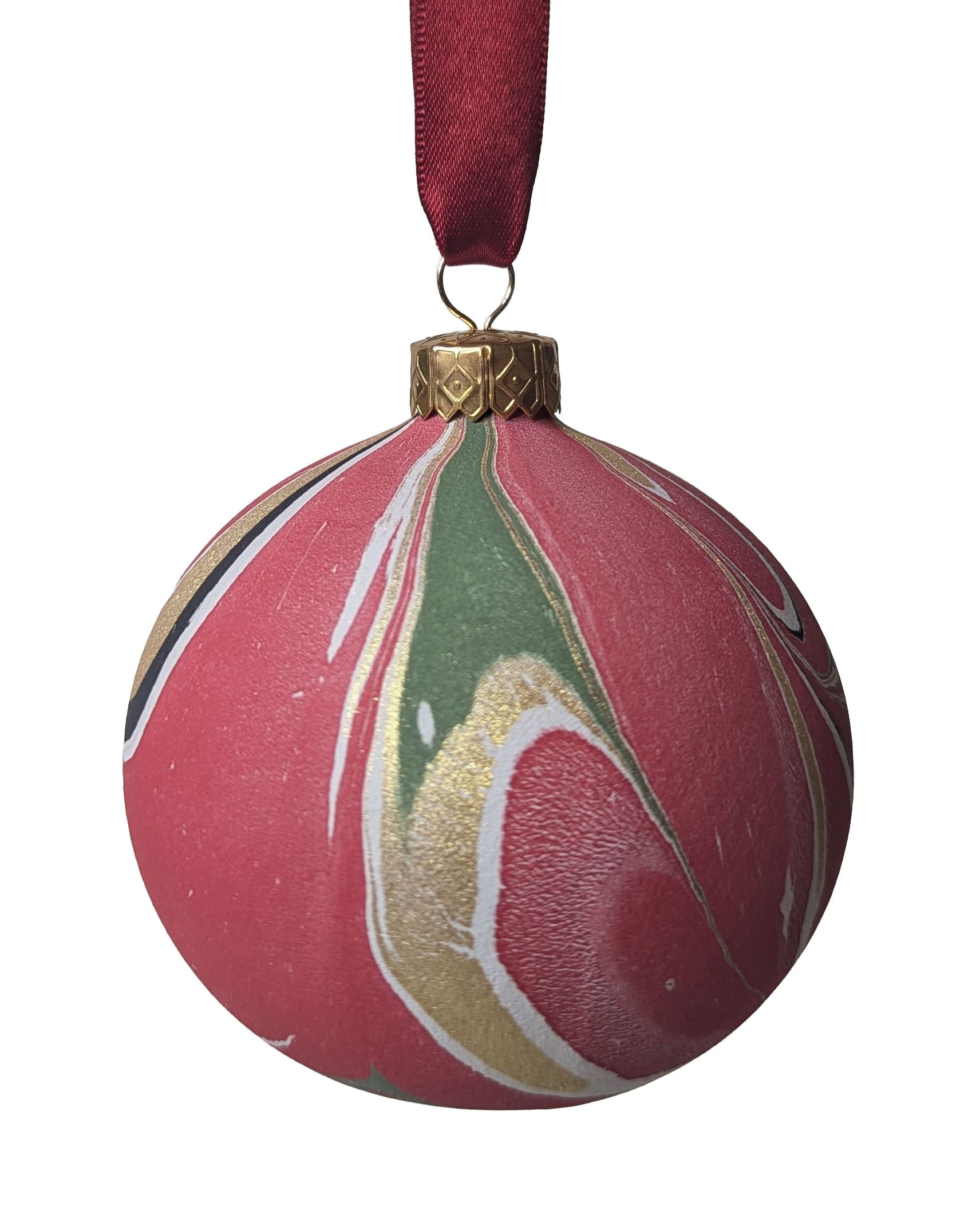 Hand marbled ceramic Christmas bauble in red, green and gold