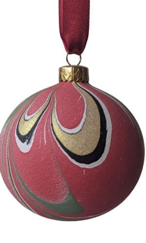 Hand marbled ceramic Christmas bauble in red, green and gold