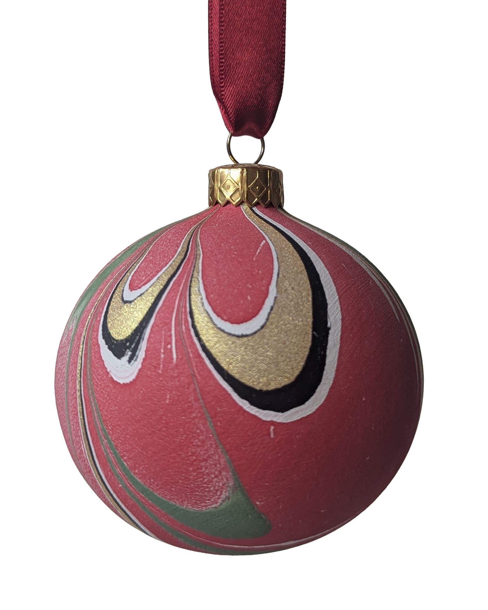 Hand marbled ceramic Christmas bauble in red, green and gold
