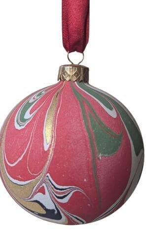 Hand marbled ceramic Christmas bauble in red, green and gold