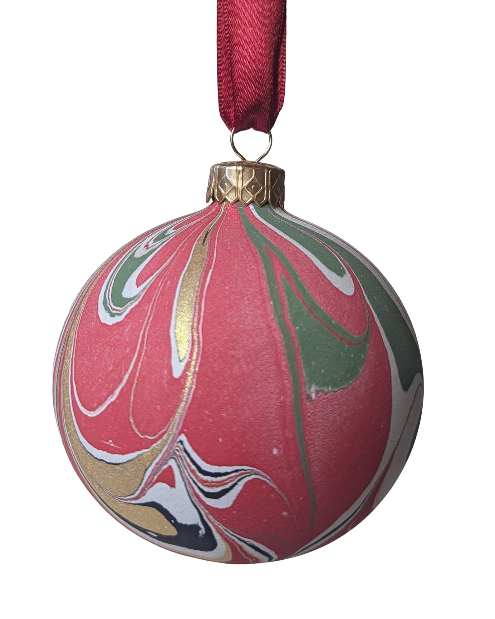 Hand marbled ceramic Christmas bauble in red, green and gold
