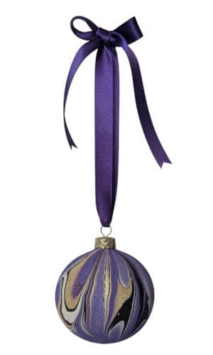 Marbled bauble in purple gold and black with long purple satin ribbon tied in a bow