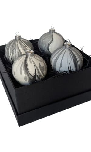 Box of 4 black and white marbled Christmas baubles
