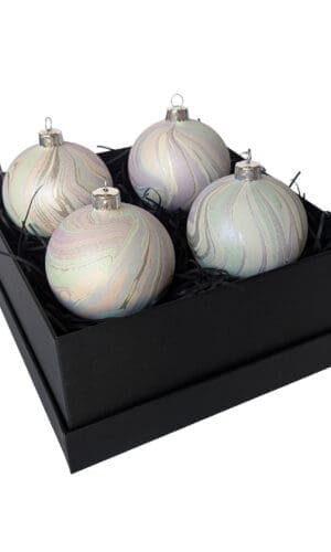 Set of 4 marbled Christmas baubles in pearlescent pastel colours in a black gift box