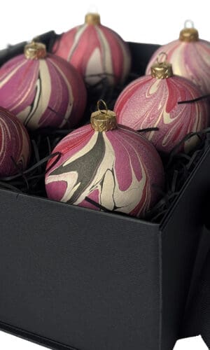Set of 6 cherry red and plum hand marbled ceramic christmas baubles in black gift box