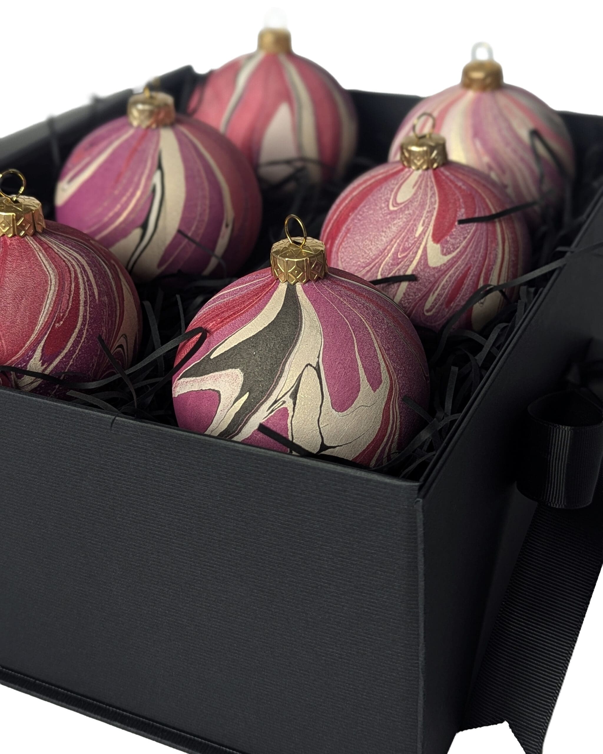 Set of 6 cherry red and plum hand marbled ceramic christmas baubles in black gift box