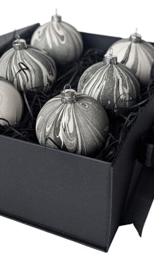 Set of 6 monochrome marbled Christmas baubles in a black gift box