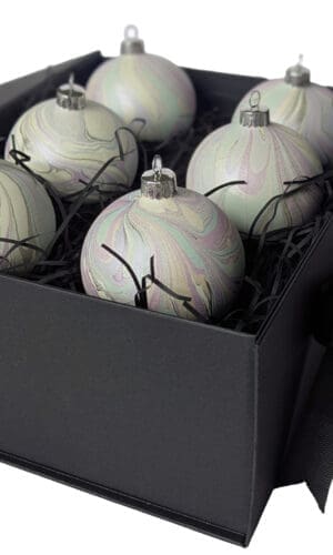Set of 6 luxury marbled baubles in pearlescent colours in black gift box