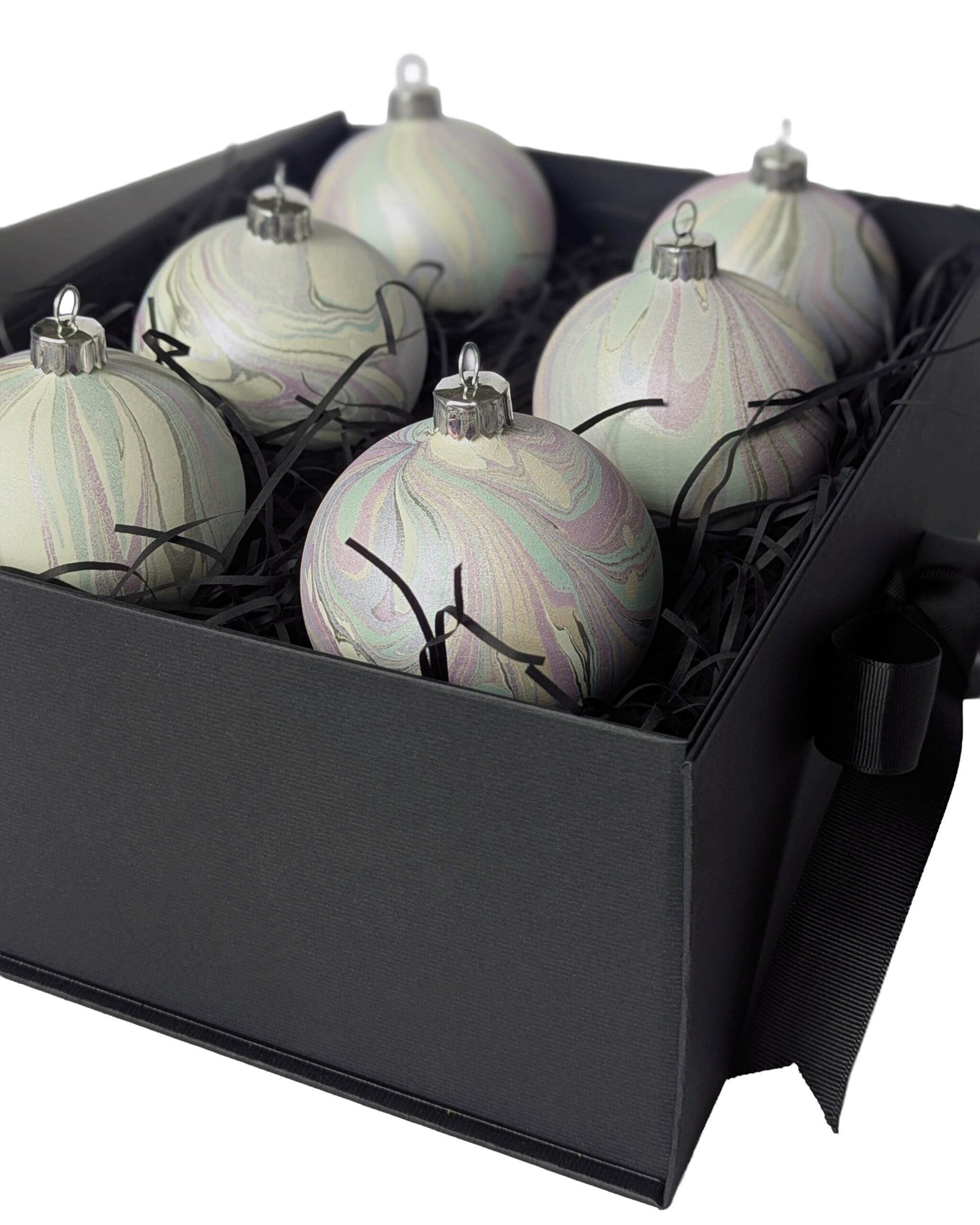 Set of 6 luxury marbled baubles in pearlescent colours in black gift box
