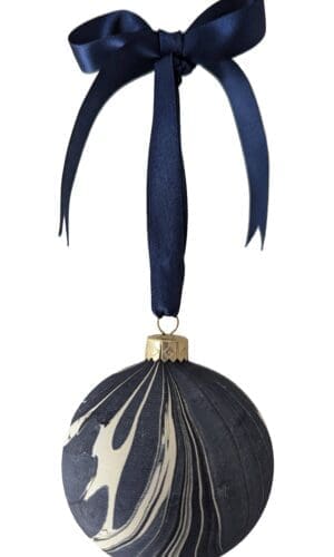 Navy and gold marbled Christmas bauble with navy ribbon