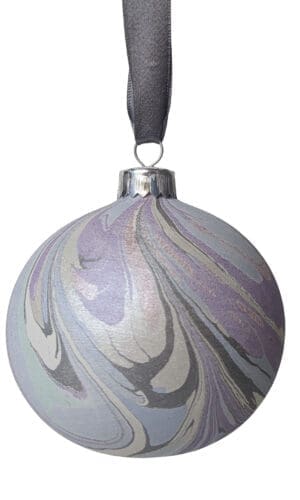 Artisanal hand marbled Christmas bauble in pearlescent pastel colours with grey ribbon
