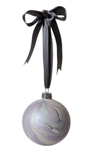 Hand crafted marbled Christmas bauble in pearlescent pastel colours on satin ribbon bow