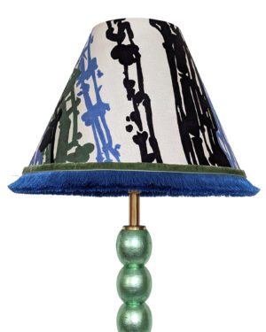 Luxury handmade fabric lampshade in black and white fabric with blue fringing