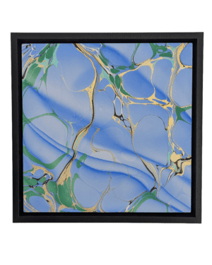 cutout image of blue and green marbled artwork set in black float frame
