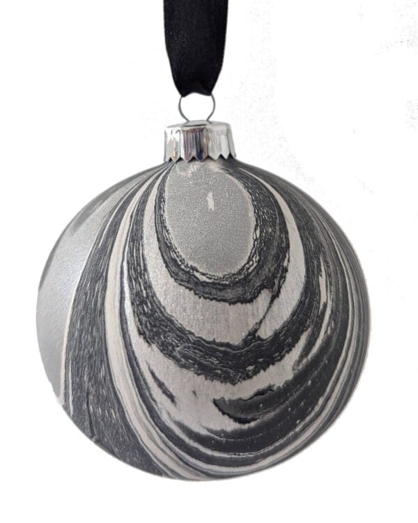 luxury marbled christmas baubles in grey, black, pearlescent white and silver