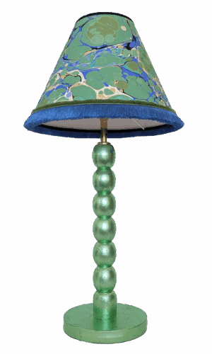 mint green gilded cordless lamp with marbled blue and green shade