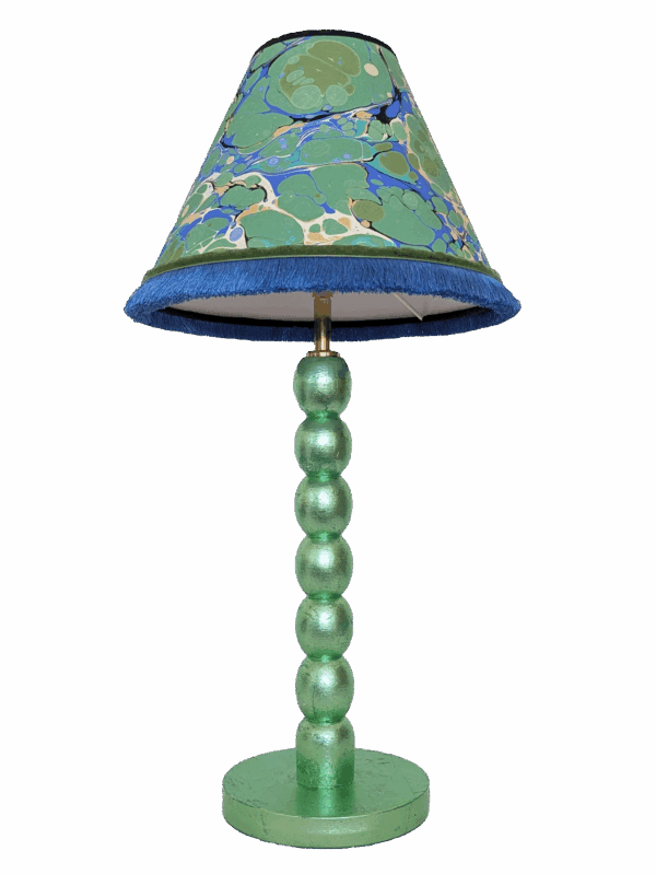 mint green gilded cordless lamp with marbled blue and green shade