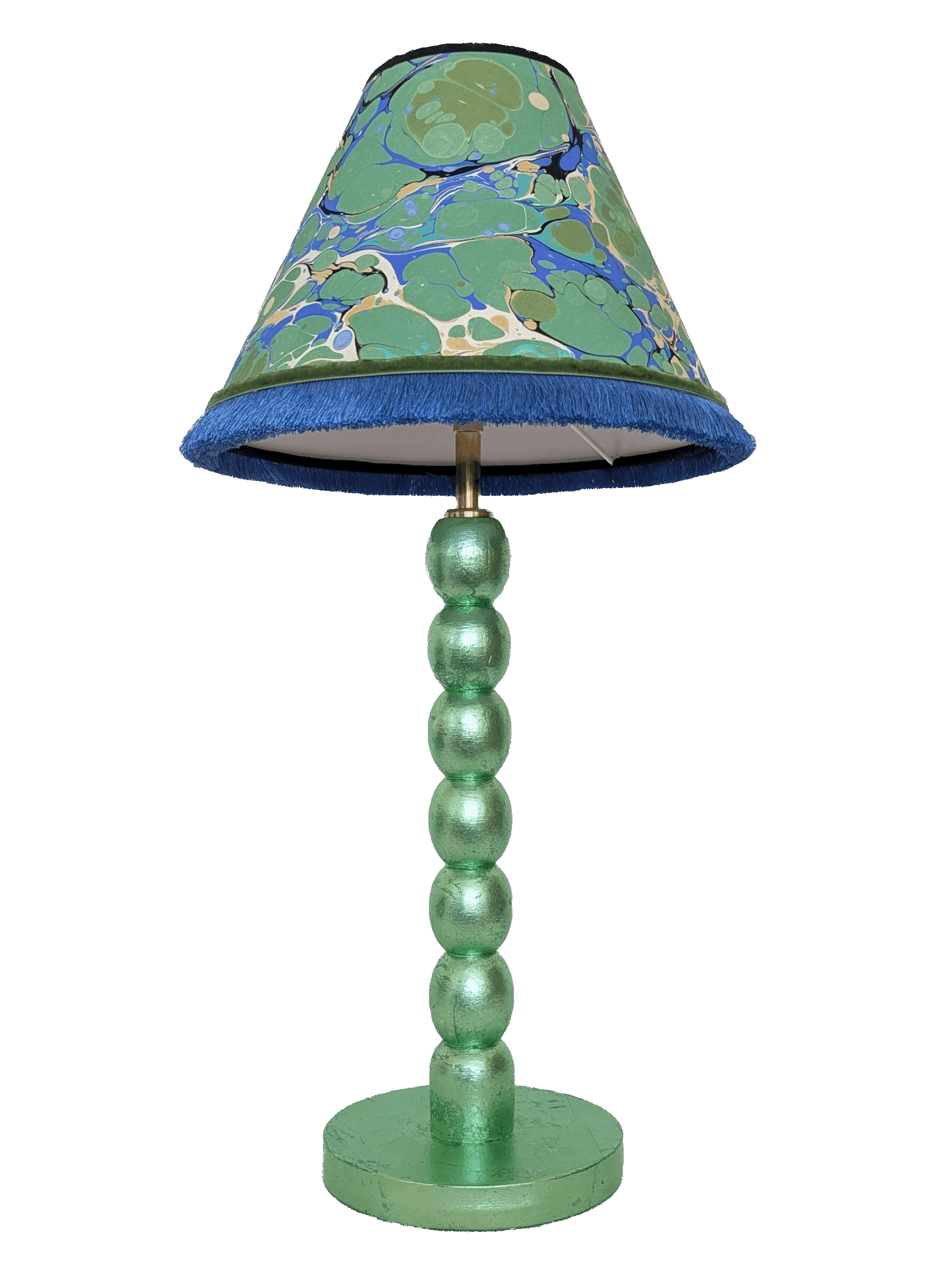mint green gilded cordless lamp with marbled blue and green shade