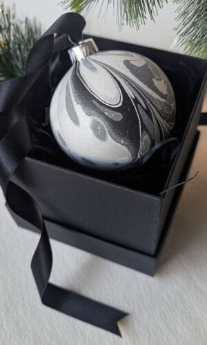 Black, white and silver marbled ceramic bauble in black gift box