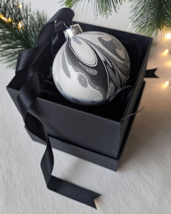 Black, white and silver marbled ceramic bauble in black gift box