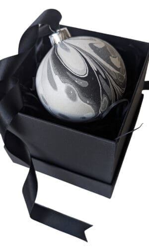 Black, white and silver marbled ceramic bauble in black gift box