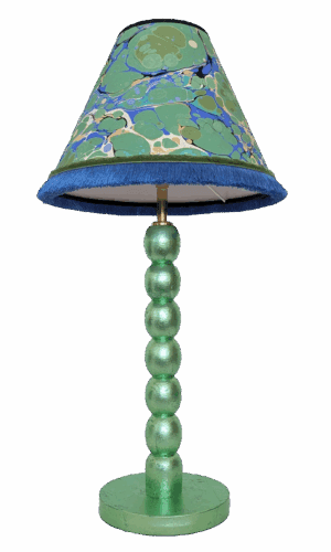 Handmade green cordless lamp with mint silver leaf finish on reclaimed wood base