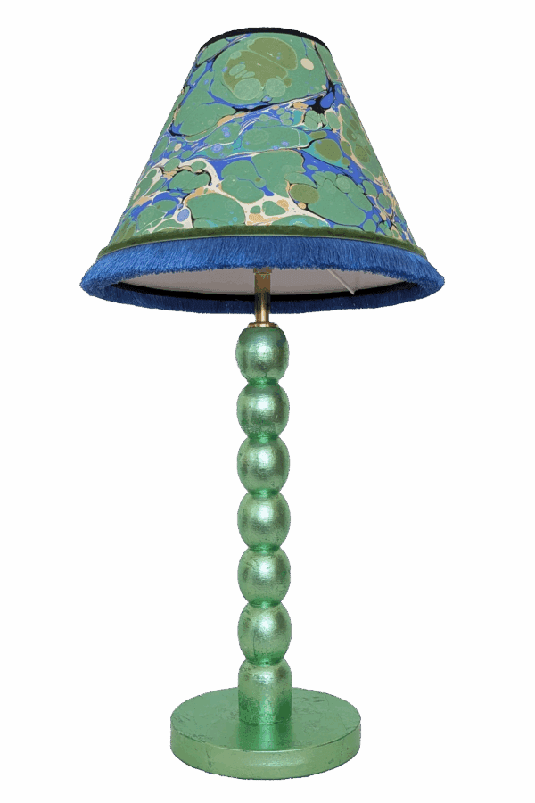 Handmade green cordless lamp with mint silver leaf finish on reclaimed wood base