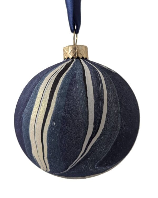 dark blue, black, teal and gold stripy bauble