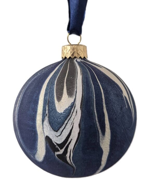 dark blue, black, teal and gold stripy bauble