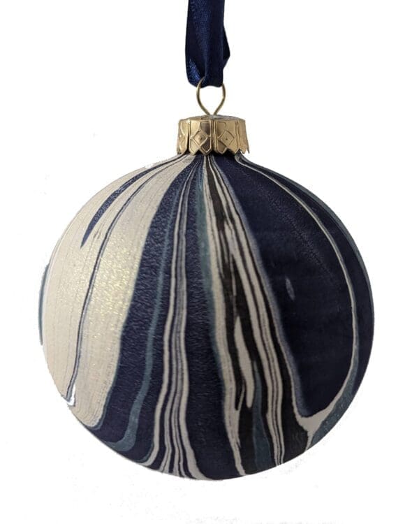 dark blue, black, teal and gold stripy bauble