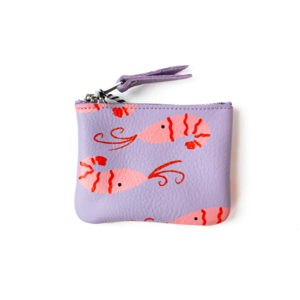 lilac leather purse with pink prawn design